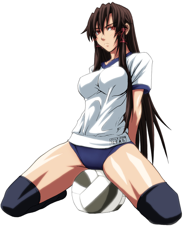 imizu (nitro unknown), tatsumiya mana, mahou sensei negima!, 00s, 1girl, ball, brown hair, buruma, female focus, gym uniform, kneeling, long hair, red eyes, solo, thighhighs, volleyball, volleyball (object)