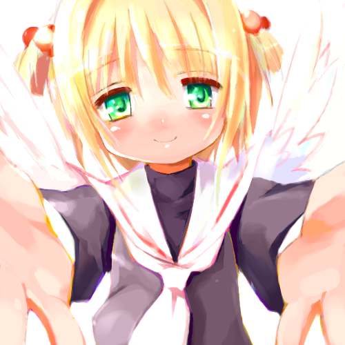 9law, kinomoto sakura, cardcaptor sakura, bad id, bad pixiv id, lowres, 1990s (style), 1girl, blonde hair, child, female focus, green eyes, hair bobbles, hair ornament, retro artstyle, school uniform, short hair, smile, solo, tomoeda middle school uniform, twintails, wings