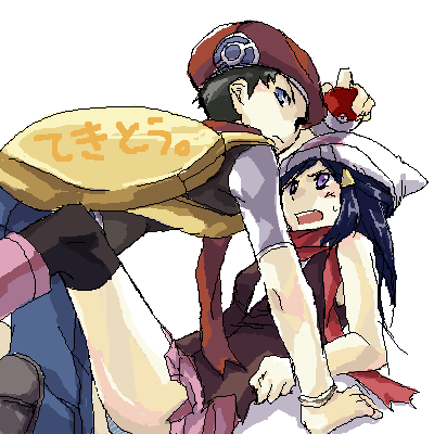dawn (pokemon), lucas (pokemon), nintendo, pokemon, pokemon dppt, bookbag, lowres, translation request, 00s, 1boy, 1girl, backpack, bag, beanie, beret, blue eyes, blue hair, boots, brown hair, hat, holding, holding poke ball, lying, oekaki, on back, panties, pantyshot, pink boots, poke ball, poke ball (basic), purple eyes, randoseru, red scarf, scarf, simple background, striped clothes, striped panties, sweatdrop, thighhighs, underwear, upskirt, white background