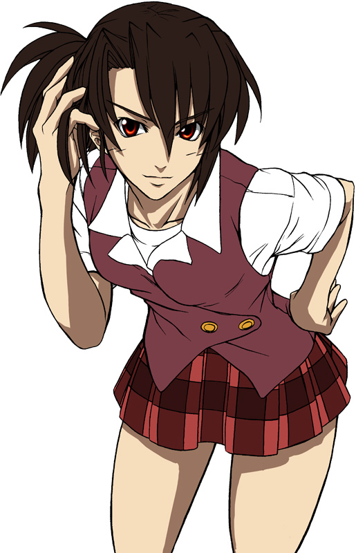 imizu (nitro unknown), akashi yuuna, mahou sensei negima!, 00s, 1girl, blush, brown hair, female focus, hand on own hip, leaning forward, plaid clothes, plaid skirt, pleated skirt, red eyes, school uniform, serafuku, short sleeves, side ponytail, skirt, solo, vest