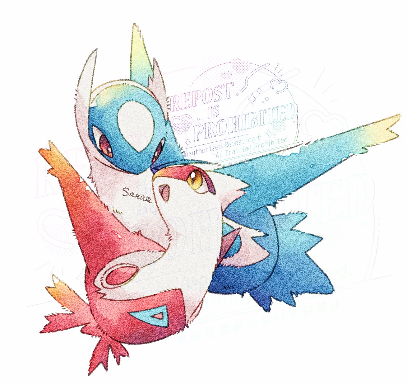 sana (sanaa653), latias, latios, nintendo, pokemon, highres, animal focus, closed mouth, dragon, gen 3 pokemon, legendary pokemon, no humans, open mouth, pokemon (creature), pokemon focus, simple background, smile, white background, wings