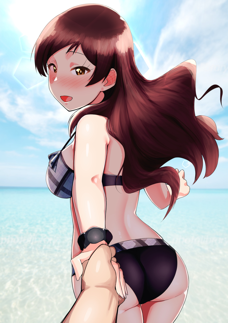 kurozako, kitazawa shiho, idolmaster, idolmaster million live!, 1boy, 1girl, ass, beach, bikini, black scrunchie, blush, breasts, brown eyes, brown hair, cowboy shot, day, from behind, holding hands, lens flare, long hair, looking at viewer, looking back, open mouth, outdoors, plaid bikini, plaid clothes, pov, pov hands, scrunchie, solo focus, standing, swimsuit, water, wrist scrunchie