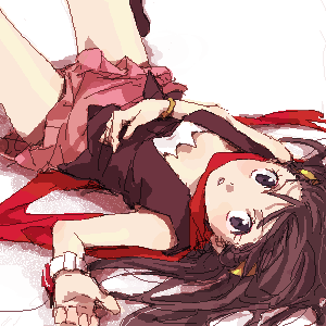dawn (pokemon), nintendo, pokemon, lowres, 1girl, bangle, bracelet, brown eyes, brown hair, female focus, jewelry, long hair, lying, oekaki, on back, poketch, red scarf, scarf, simple background, skirt, solo, watch, white background, wristwatch