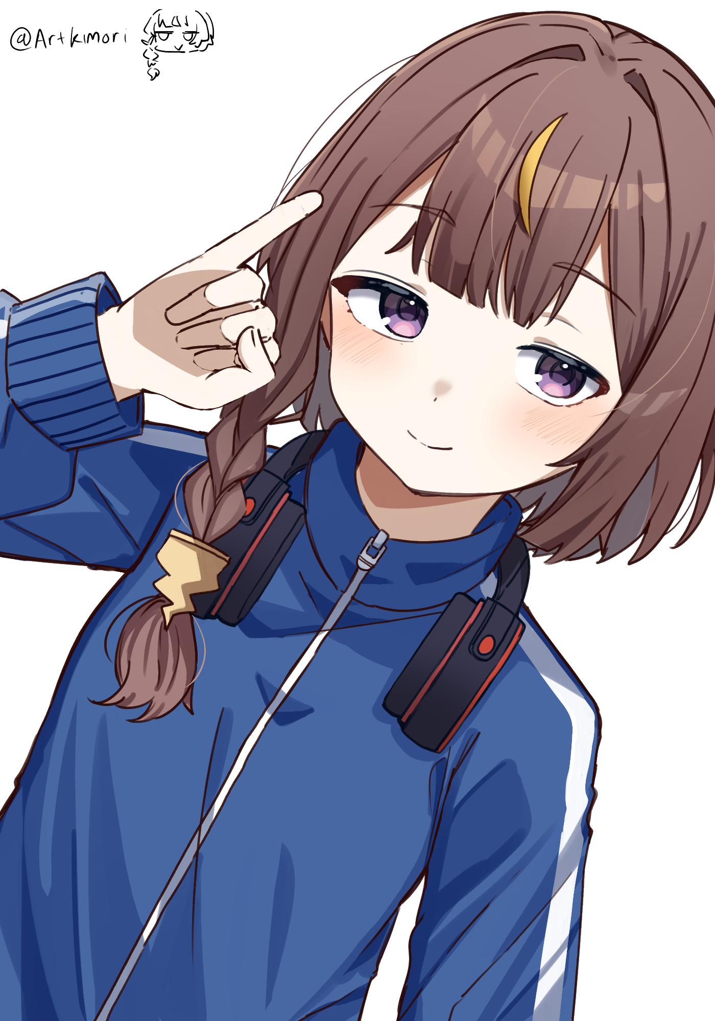 artkimori, anya melfissa, hololive, hololive indonesia, commentary, english commentary, highres, 1girl, alternate costume, blonde streaks, blue jacket, braid, brown hair, closed mouth, dutch angle, headphones, headphones around neck, jacket, kris hair ornament, light blush, long hair, long sleeves, looking at viewer, multicolored hair, pinky out, purple eyes, side braid, signature, simple background, smile, solo, track jacket, upper body, virtual youtuber, white background, zipper pull tab