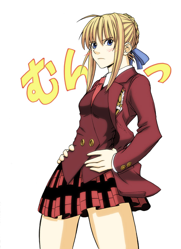 imizu (nitro unknown), artoria pendragon (fate), saber (fate), fate/stay night, fate (series), mahou sensei negima!, 1girl, ahoge, alternate costume, blazer, blonde hair, blue eyes, blush, braid, braided bun, crossover, female focus, hair bun, hair ribbon, hands on own hips, jacket, necktie, parody, plaid clothes, plaid skirt, pleated skirt, ribbon, school uniform, serafuku, short hair, sidelocks, single hair bun, skirt, solo
