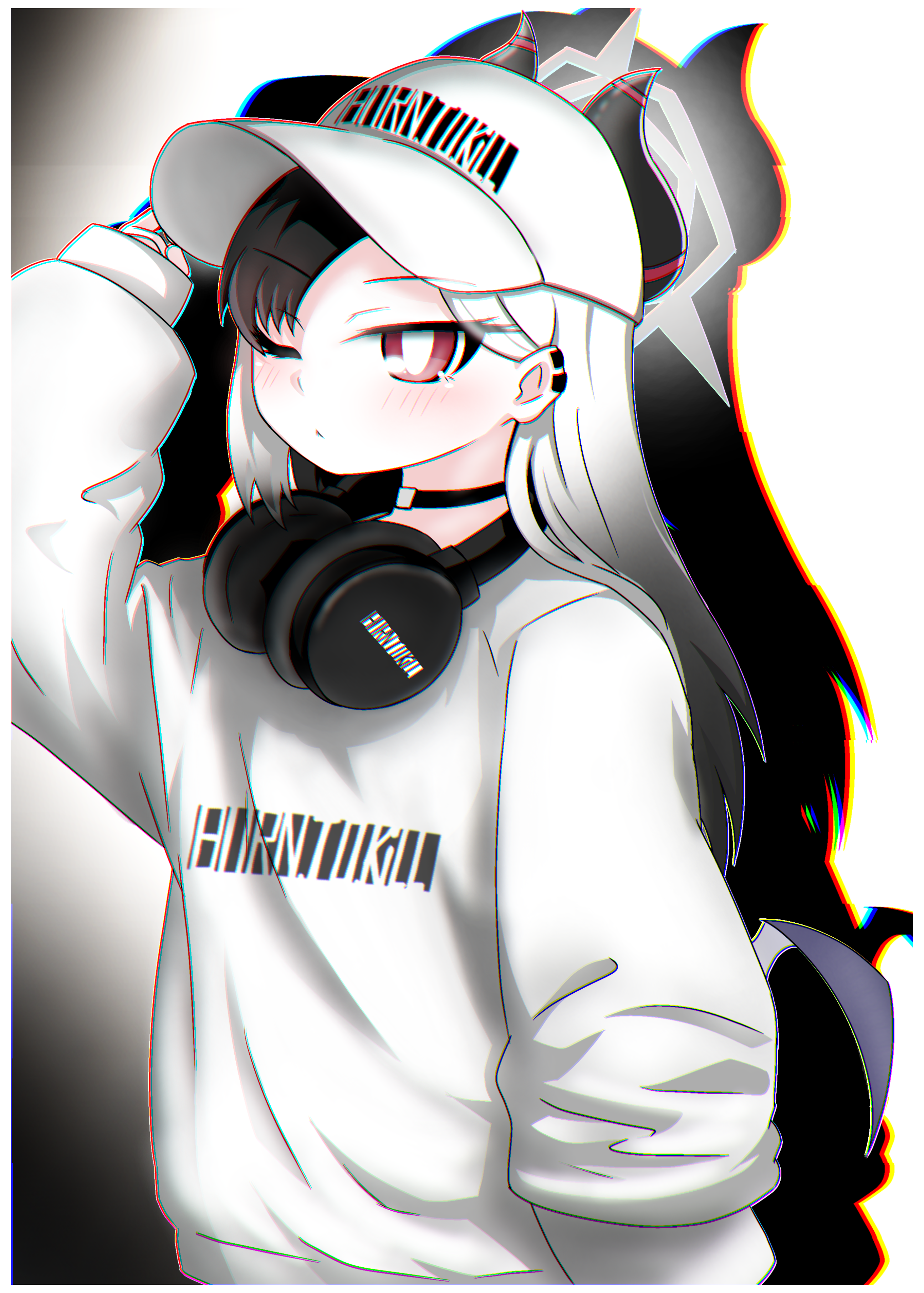 tomimon, kayoko (blue archive), blue archive, absurdres, commentary request, highres, translation request, 1girl, baseball cap, black hair, black horns, choker, clothes writing, demon girl, demon horns, grey halo, halo, hat, headphones, horns, long hair, multicolored hair, one eye closed, red eyes, solo