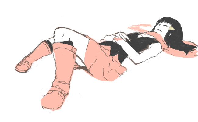 dawn (pokemon), nintendo, pokemon, 1girl, black hair, boots, closed eyes, female focus, full body, lying, nap, oekaki, on back, pink boots, scarf, simple background, skirt, sleeping, solo, white background