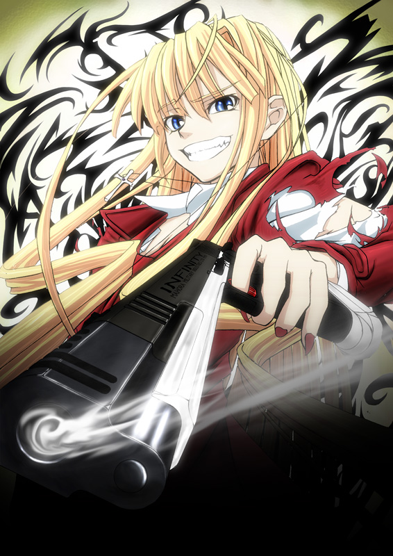 imizu (nitro unknown), evangeline a.k. mcdowell, hellsing, mahou sensei negima!, 1girl, blonde hair, blue eyes, grin, gun, handgun, long hair, m1911, nail polish, parody, pistol, red nails, smile, smoke, smoking barrel, torn clothes, vampire, weapon