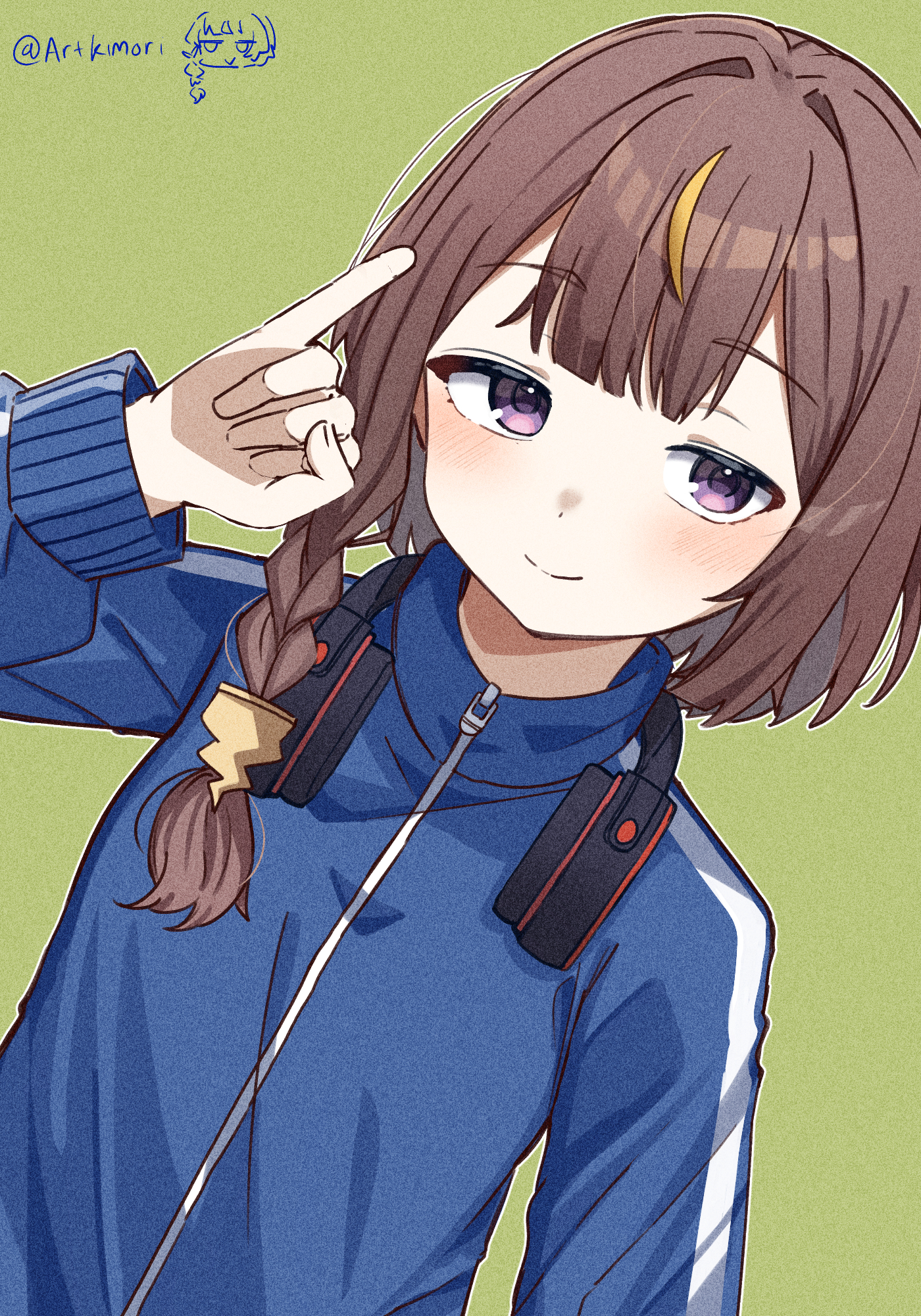 artkimori, anya melfissa, hololive, hololive indonesia, commentary, english commentary, highres, 1girl, alternate costume, blonde streaks, blue jacket, braid, brown hair, closed mouth, dutch angle, green background, headphones, headphones around neck, jacket, kris hair ornament, light blush, long hair, long sleeves, looking at viewer, multicolored hair, pinky out, purple eyes, side braid, signature, simple background, smile, solo, track jacket, upper body, virtual youtuber, zipper pull tab