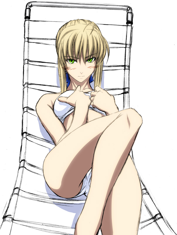 imizu (nitro unknown), artoria pendragon (fate), saber (fate), fate/stay night, fate (series), 00s, 1girl, bikini, blonde hair, blush, breasts, female focus, green eyes, legs, long hair, lying, solo, swimsuit