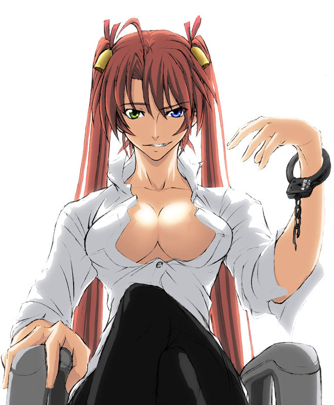 imizu (nitro unknown), kagurazaka asuna, mahou sensei negima!, 00s, 1girl, aged up, ahoge, bell, blue eyes, breasts, cleavage, crossed legs, cuffs, female focus, green eyes, hair bell, hair ornament, handcuffs, heterochromia, large breasts, long hair, no bra, open clothes, open shirt, pantyhose, pink hair, shirt, sitting, sleeves pushed up, smirk, solo, twintails, very long hair, white shirt