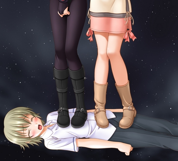 black footwear, source request, 1boy, 2girls, boots, femdom, lying, multiple girls, on back, skirt, space, trample