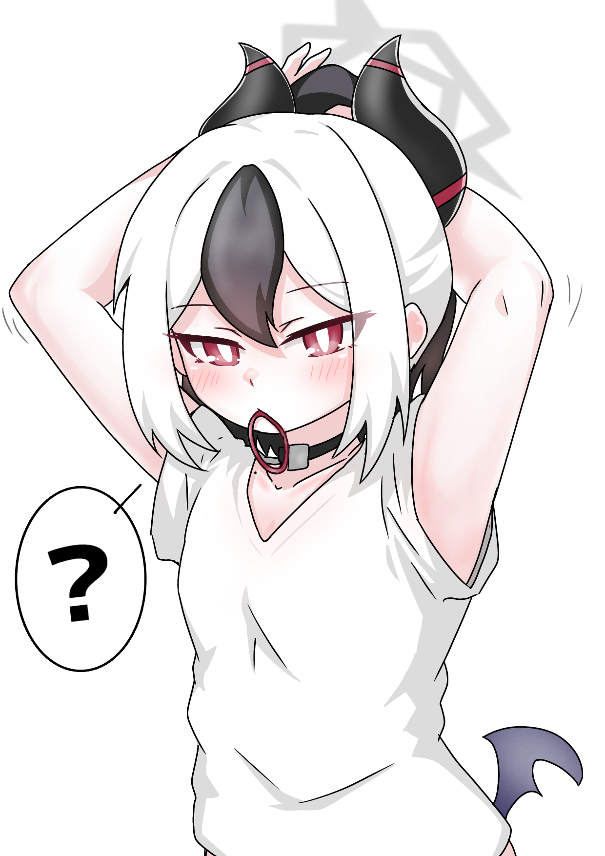 tomimon, kayoko (blue archive), blue archive, commentary request, highres, 1girl, ?, black hair, black horns, demon girl, demon horns, grey halo, halo, horns, multicolored hair, red eyes, shirt, simple background, solo, white background, white hair, white shirt, wings