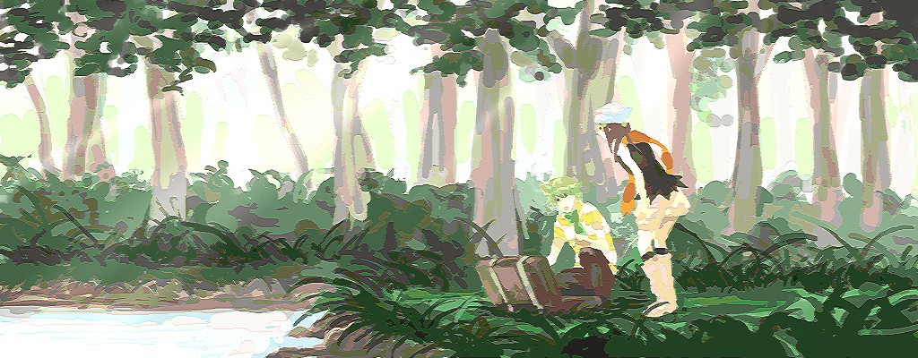 taoru (t kiji), barry (pokemon), dawn (pokemon), nintendo, pokemon, pokemon dppt, painting (medium), source request, traditional media, watercolor (medium), 00s, 1boy, 1girl, beanie, blonde hair, brown hair, bush, forest, grass, hat, lake, nature, scarf, scenery, skirt, suitcase, tree