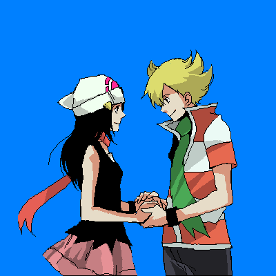 barry (pokemon), dawn (pokemon), nintendo, pokemon, pokemon dppt, artist request, lowres, source request, 00s, 1boy, 1girl, beanie, black hair, blue background, green scarf, hat, hetero, holding hands, long hair, oekaki, red scarf, scarf, simple background, skirt, smile
