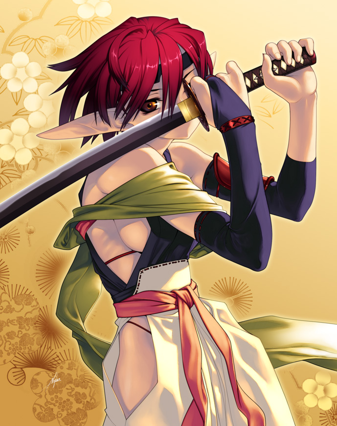 neko10, original, 1girl, breasts, elf, female focus, headband, japanese clothes, katana, large breasts, pointy ears, red eyes, red hair, short hair, sideboob, solo, sword, weapon