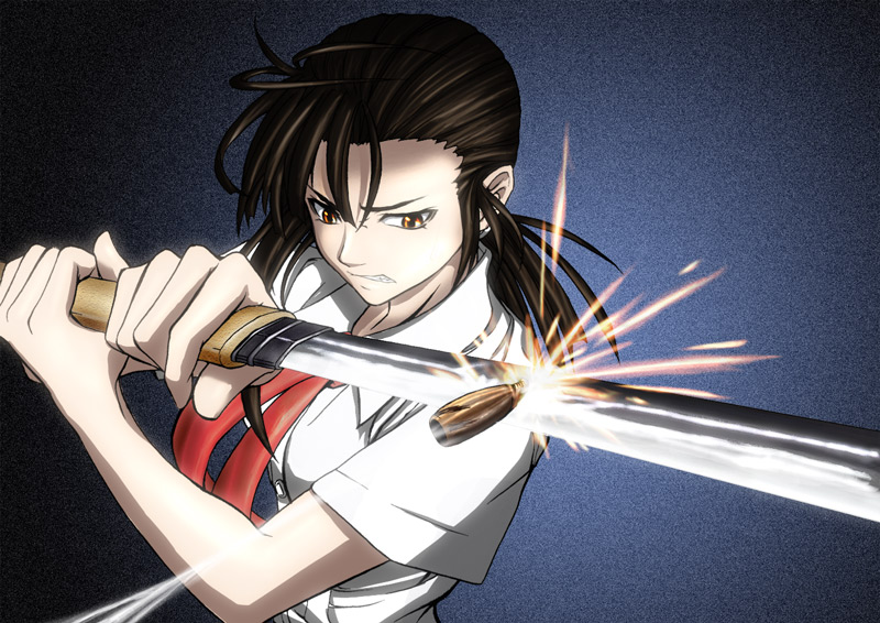 imizu (nitro unknown), sakurazaki setsuna, mahou sensei negima!, 00s, 1girl, asymmetrical bangs, brown hair, bullet, female focus, katana, necktie, shirasaya, solo, sword, weapon, yellow eyes