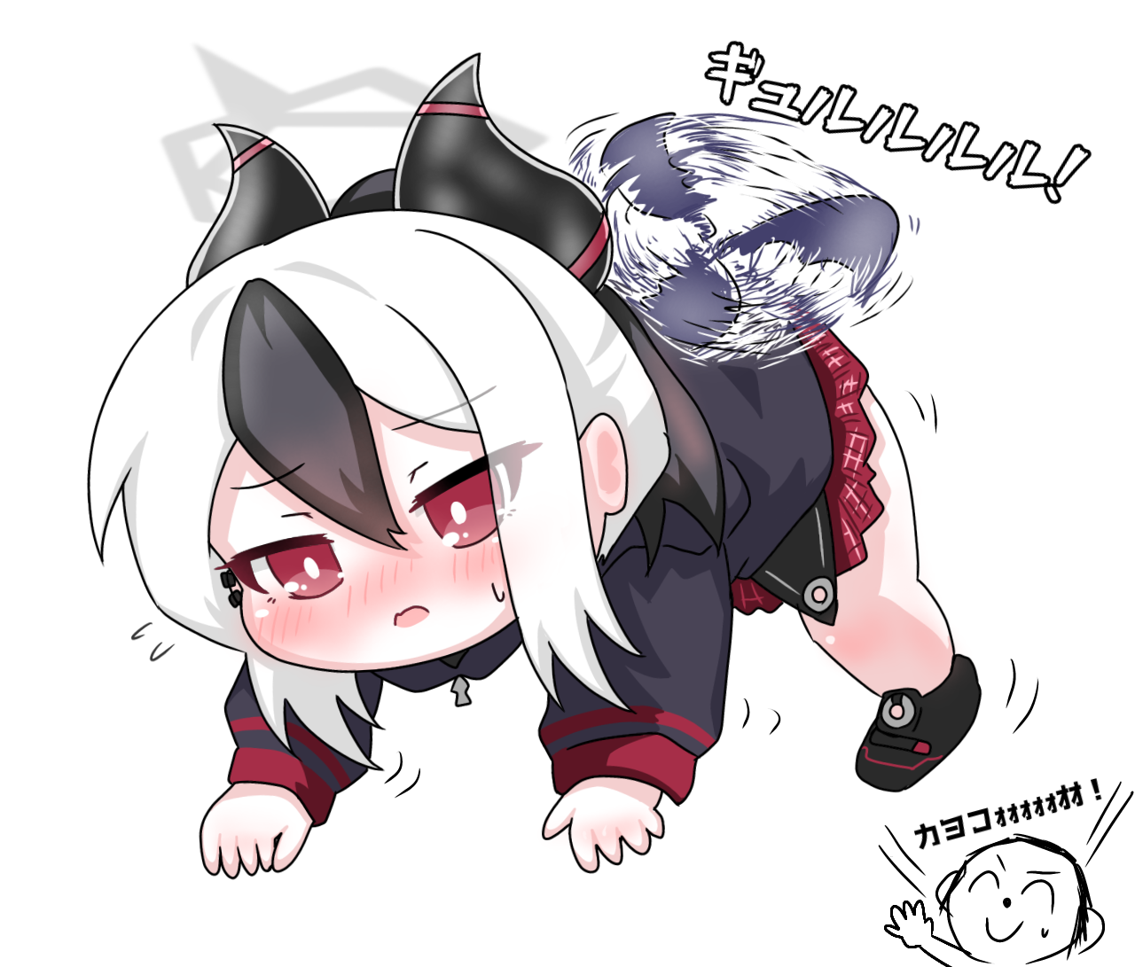 tomimon, doodle sensei (blue archive), kayoko (blue archive), sensei (blue archive), blue archive, commentary request, translation request, 1boy, 1girl, afterimage, black hair, black hoodie, blush, chibi, chibi only, flying sweatdrops, hair between eyes, halo, hood, hoodie, horns, long sleeves, multicolored hair, nose blush, plaid clothes, plaid skirt, pleated skirt, puffy long sleeves, puffy sleeves, red eyes, red skirt, simple background, skirt, sleeves past wrists, small sweatdrop, solo focus, sweat, two-tone hair, white background, white hair