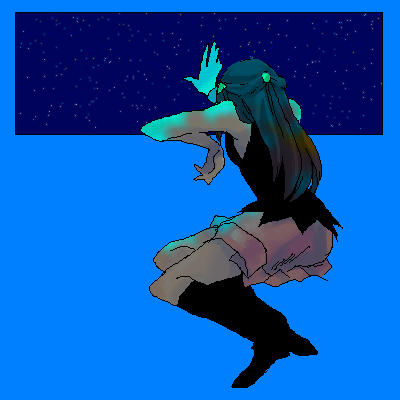 dawn (pokemon), nintendo, pokemon, lowres, 1girl, blouse, female focus, night, oekaki, shirt, sleeveless, sleeveless shirt, solo, star (symbol), window