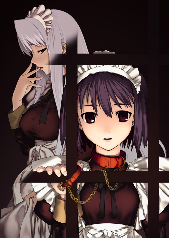 neko10, chains, black hair, brown eyes, chain, collar, long hair, maid, short hair, white hair
