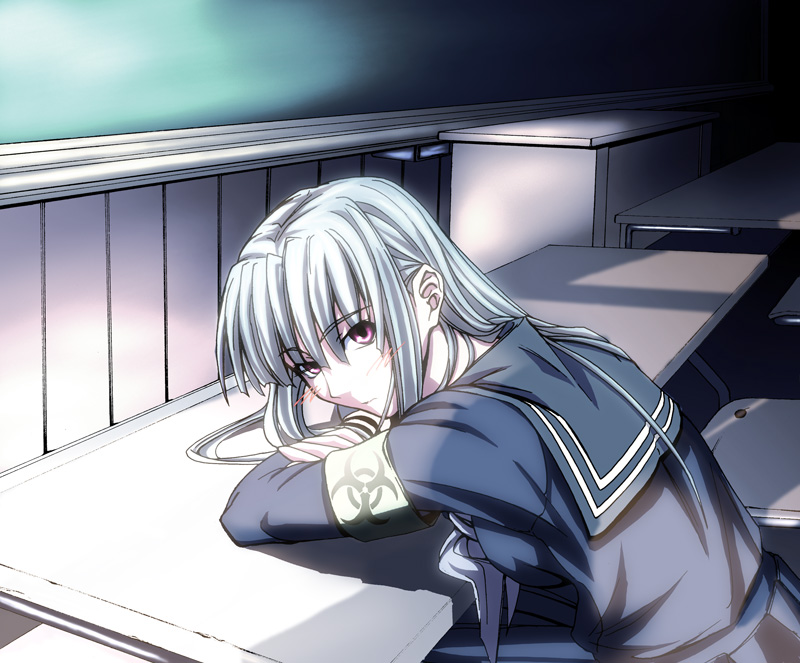 imizu (nitro unknown), aisaka sayo, mahou sensei negima!, silver hair, 00s, 1girl, arm support, armband, black serafuku, black skirt, blush, breasts, chair, chalkboard, classroom, day, desk, female focus, from side, indoors, leaning forward, long hair, long sleeves, looking at viewer, looking to the side, medium breasts, pink eyes, pleated skirt, school, school desk, school uniform, serafuku, skirt, solo, sunlight, table
