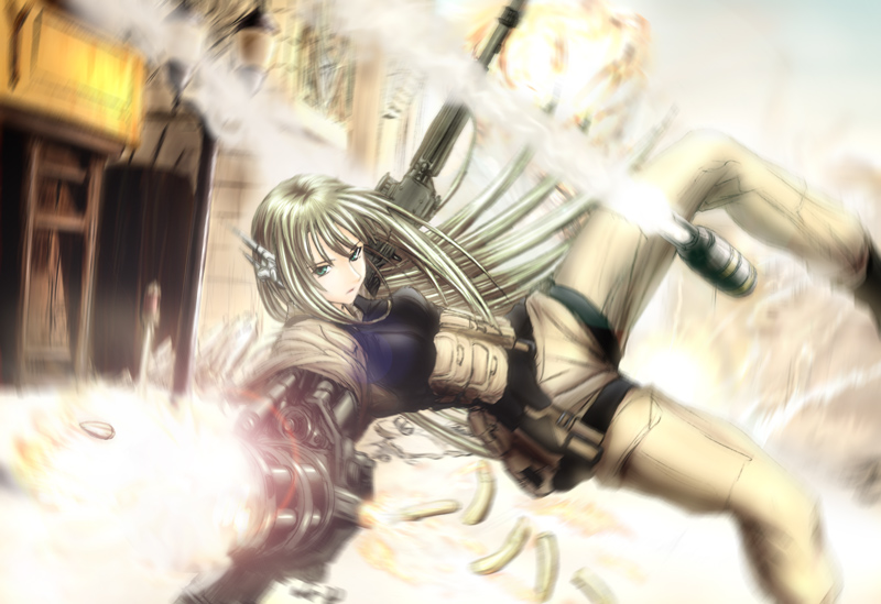 imizu (nitro unknown), karakuri chachamaru, mahou sensei negima!, uniform, 00s, 1girl, android, battle, bullet, cannon, casing ejection, explosion, female focus, gatling gun, green eyes, green hair, gun, machine gun, matching hair/eyes, military operator, minigun, robot ears, shell casing, solo, weapon