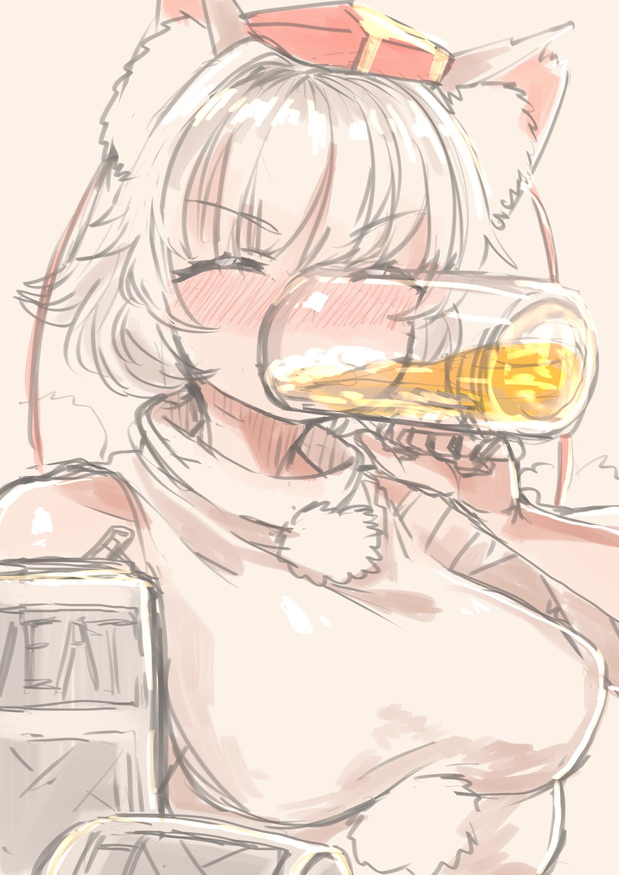 yoyoiro (sysi20), inubashiri momiji, touhou, commentary request, highres, 1girl, alcohol, animal ear fluff, animal ears, beer, beer can, beer mug, blush, breasts, can, closed eyes, cup, detached sleeves, drink can, drinking, english text, hat, holding, holding cup, large breasts, mug, nose blush, pom pom (clothes), red hat, shirt, short hair, simple background, solo, tokin hat, v-shaped eyebrows, white hair, white shirt, wolf ears, wolf girl, yellow background