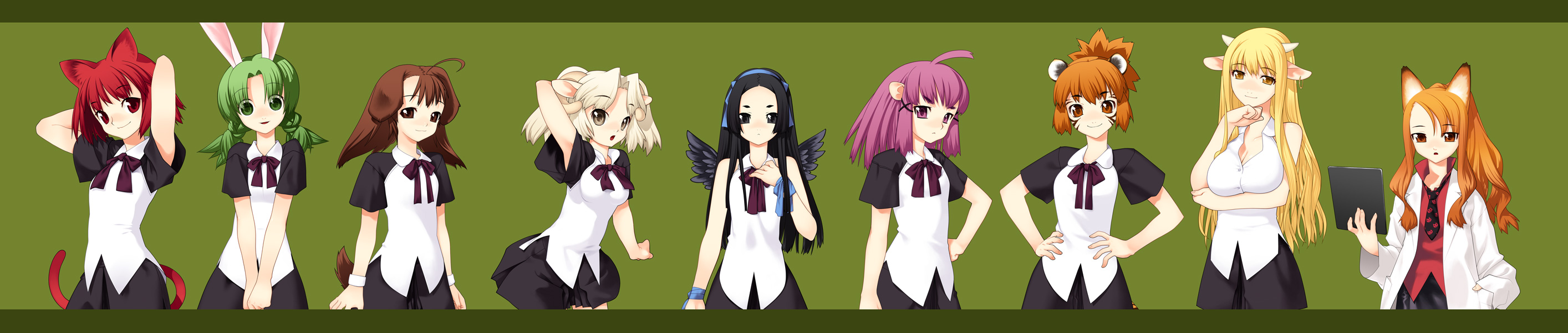 neko10, original, highres, long image, wide image, 6+girls, animal ears, black hair, blonde hair, brown hair, cat ears, cat tail, cow ears, cow girl, dog ears, fox ears, green hair, horns, long hair, mouse ears, multiple girls, necktie, orange hair, purple hair, rabbit ears, red hair, school uniform, serafuku, sheep ears, short hair, skirt, tail, tiger ears, twintails, white hair, wings