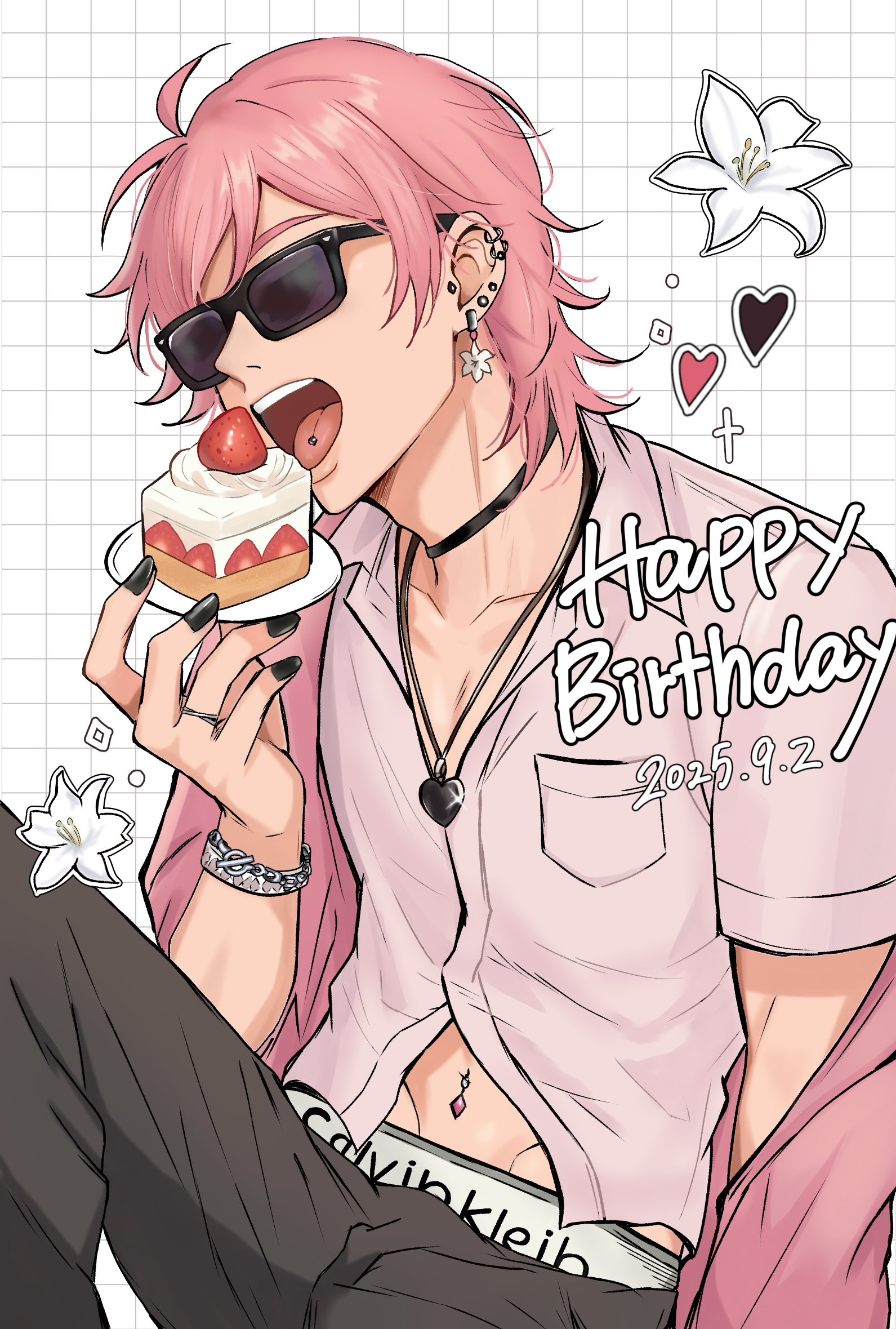 yuri ayato, yarichin bitch-bu, commentary request, highres, 1boy, black-framed eyewear, black choker, black nails, black pants, bracelet, cake, cake slice, choker, collarbone, dated, ear piercing, earrings, flower earrings, food, glasses, grid background, happy birthday, heart, heart necklace, holding, holding cake, holding food, jewelry, looking at viewer, male focus, male underwear, male underwear peek, navel piercing, necklace, open mouth, pants, piercing, pink hair, pink shirt, pocket, ring, shirt, short hair, sitting, solo, sunglasses, teeth, tongue, tongue piercing, underwear, upper teeth only, yuriri 92