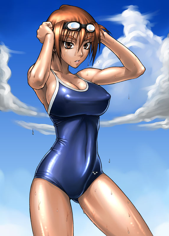 bang-you, kashiwagi azusa, kizuato, 1girl, breasts, brown eyes, brown hair, covered erect nipples, female focus, goggles, large breasts, muscular, one-piece swimsuit, school swimsuit, shiny skin, short hair, solo, standing, swimsuit, tan, toned, toned female, wet