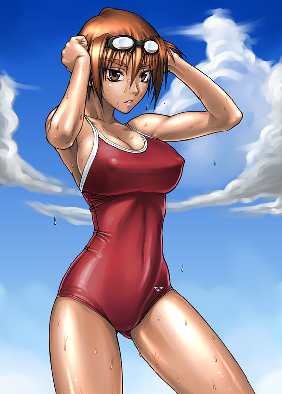 bang-you, kashiwagi azusa, kizuato, 1girl, breasts, brown eyes, brown hair, covered erect nipples, female focus, goggles, large breasts, muscular, one-piece swimsuit, shiny skin, short hair, solo, standing, swimsuit, tan, toned, toned female, wet