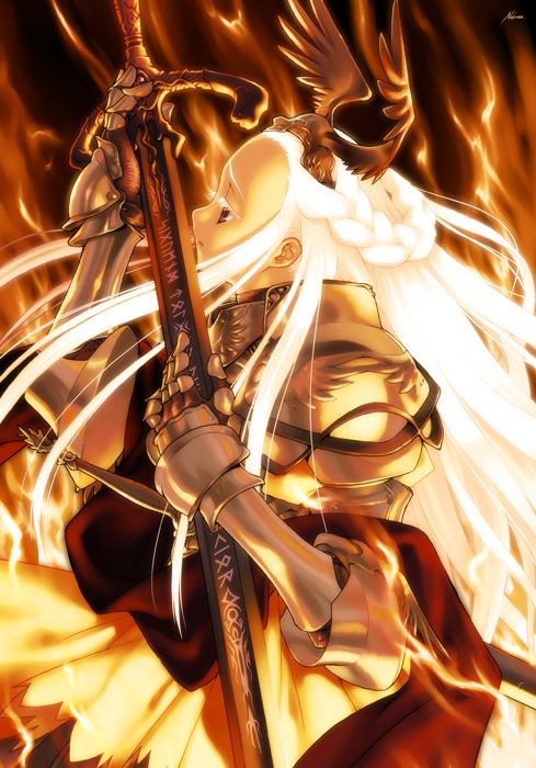 neko10, original, armor, braid, fire, gloves, long hair, solo, sword, weapon, white hair