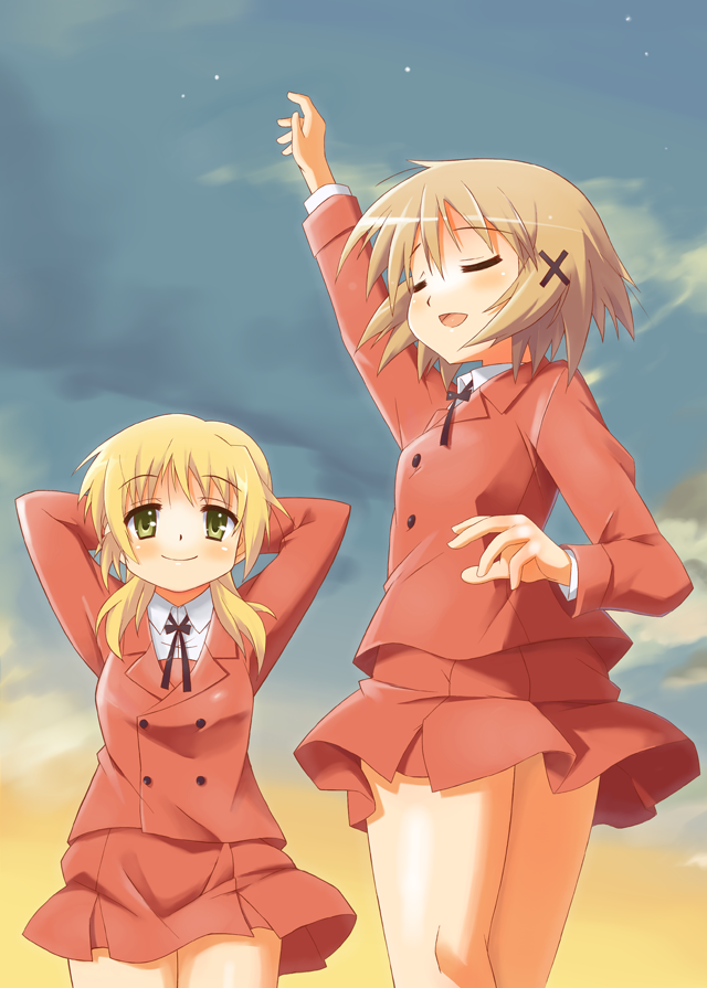 9law, miyako (hidamari sketch), yuno (hidamari sketch), hidamari sketch, bad id, bad pixiv id, 00s, 2girls, brown hair, closed eyes, day, multiple girls, school uniform, serafuku, sky, yamabuki high school uniform