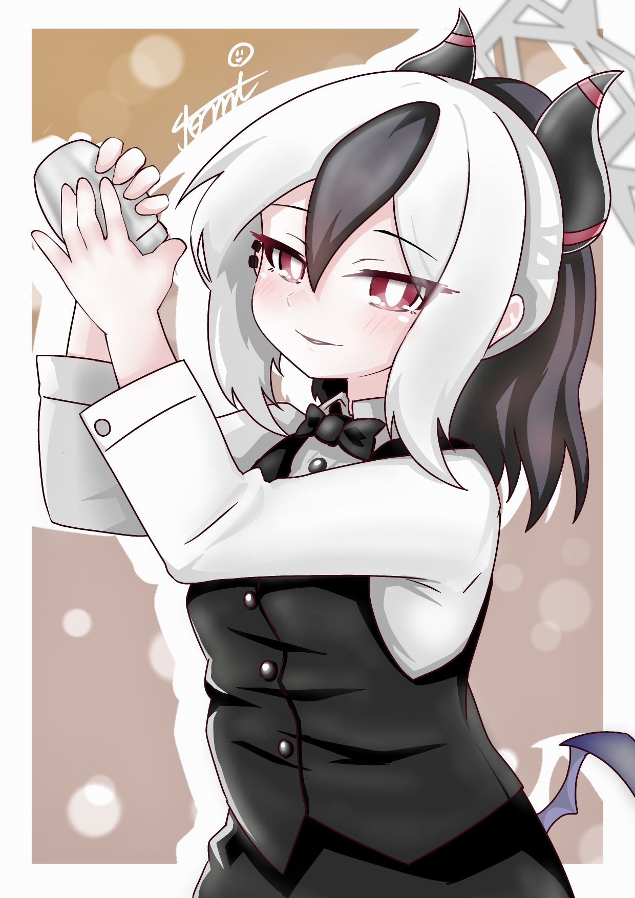 tomimon, kayoko (blue archive), blue archive, commentary request, highres, 1girl, arms up, bartender, black bow, black bowtie, black hair, black skirt, black vest, blush, bow, bowtie, cocktail shaker, collared shirt, dress shirt, drop shadow, grey wings, halo, holding, horns, long sleeves, looking at viewer, low wings, multicolored hair, parted lips, ponytail, red eyes, shirt, signature, single wing, skirt, solo, two-tone hair, vest, white hair, white shirt, wings