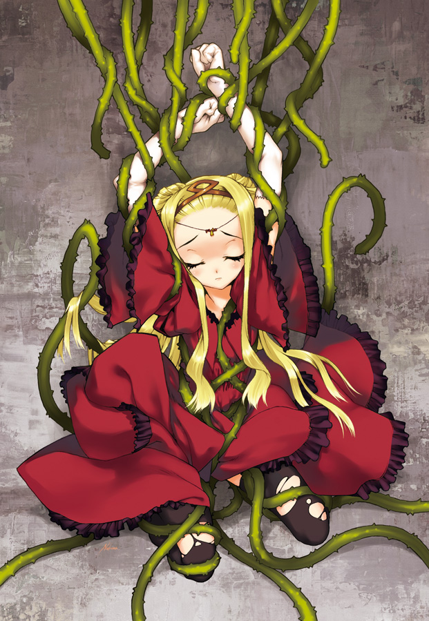 neko10, 1girl, bdsm, blonde hair, bondage, bound, closed eyes, crown, dress, female focus, forehead, hat, long hair, plant, solo, tentacles, thighhighs, thorns, tiara, torn clothes, vines