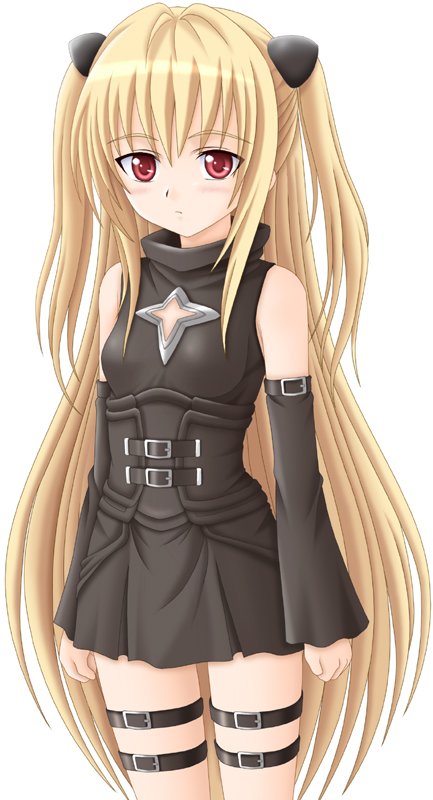 konjiki no yami, to love-ru, 00s, above-cleavage cutout, bare shoulders, blonde hair, clothing cutout, detached sleeves, long hair, red eyes, solo, strap, thigh strap, twintails, two side up, very long hair
