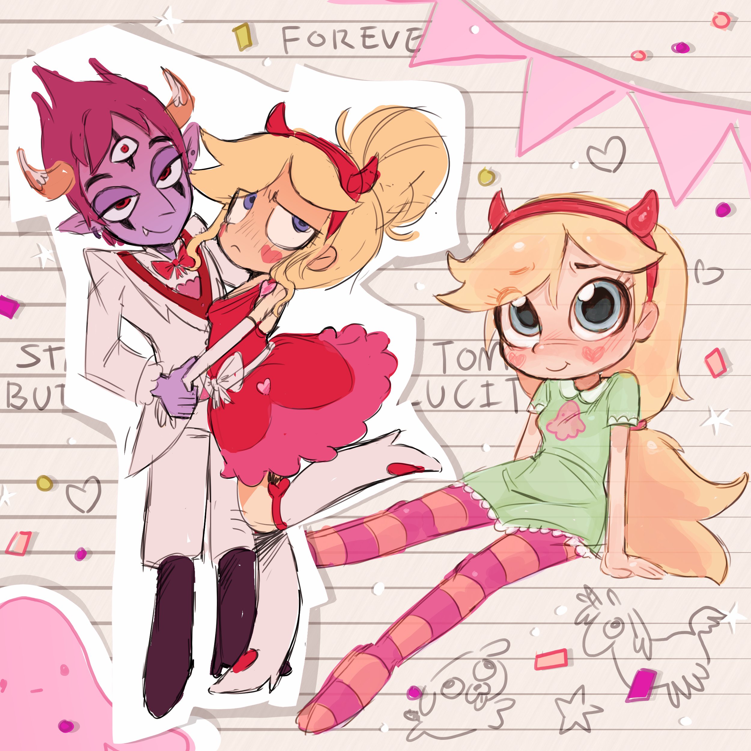 star butterfly, tom lucitor, star vs the forces of evil, absurdres, highres, bananameowffins, blonde hair, colored skin, deformed, dress, facial mark, fake horns, hairband, heart, heart cheeks, heart facial mark, horns, long hair, official alternate costume, purple skin, smile, striped clothes