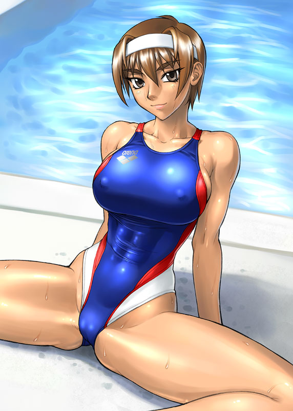 bang-you, kashiwagi azusa, arena (company), kizuato, 1girl, arm support, breasts, brown eyes, brown hair, cameltoe, collarbone, competition swimsuit, covered erect nipples, female focus, hairband, highleg, highleg one-piece swimsuit, large breasts, muscular, one-piece swimsuit, pool, shiny skin, short hair, sitting, skin tight, smile, solo, spread legs, swimsuit, tan, thighs, tomboy, toned, wet
