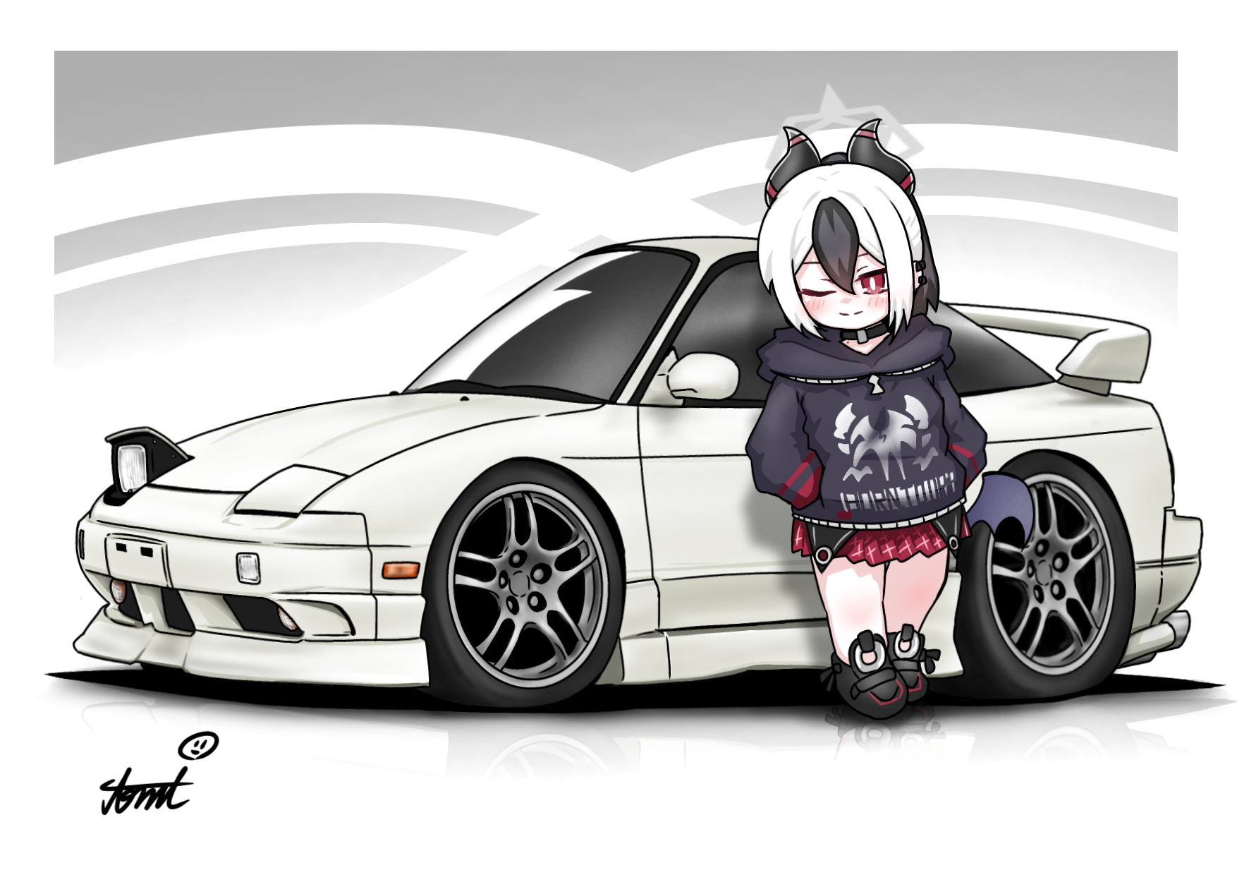 tomimon, kayoko (blue archive), blue archive, nissan, commentary request, highres, 1girl, ;), black choker, black hair, black hoodie, black shoes, blush, choker, closed mouth, grey wings, hair between eyes, halo, hands in pockets, hood, hood down, hoodie, horns, long sleeves, looking at viewer, low wings, multicolored hair, nissan 180sx, one eye closed, plaid clothes, plaid skirt, pleated skirt, ponytail, puffy long sleeves, puffy sleeves, red eyes, red skirt, shoes, signature, single wing, skirt, smile, solo, standing, two-tone hair, white hair, wings