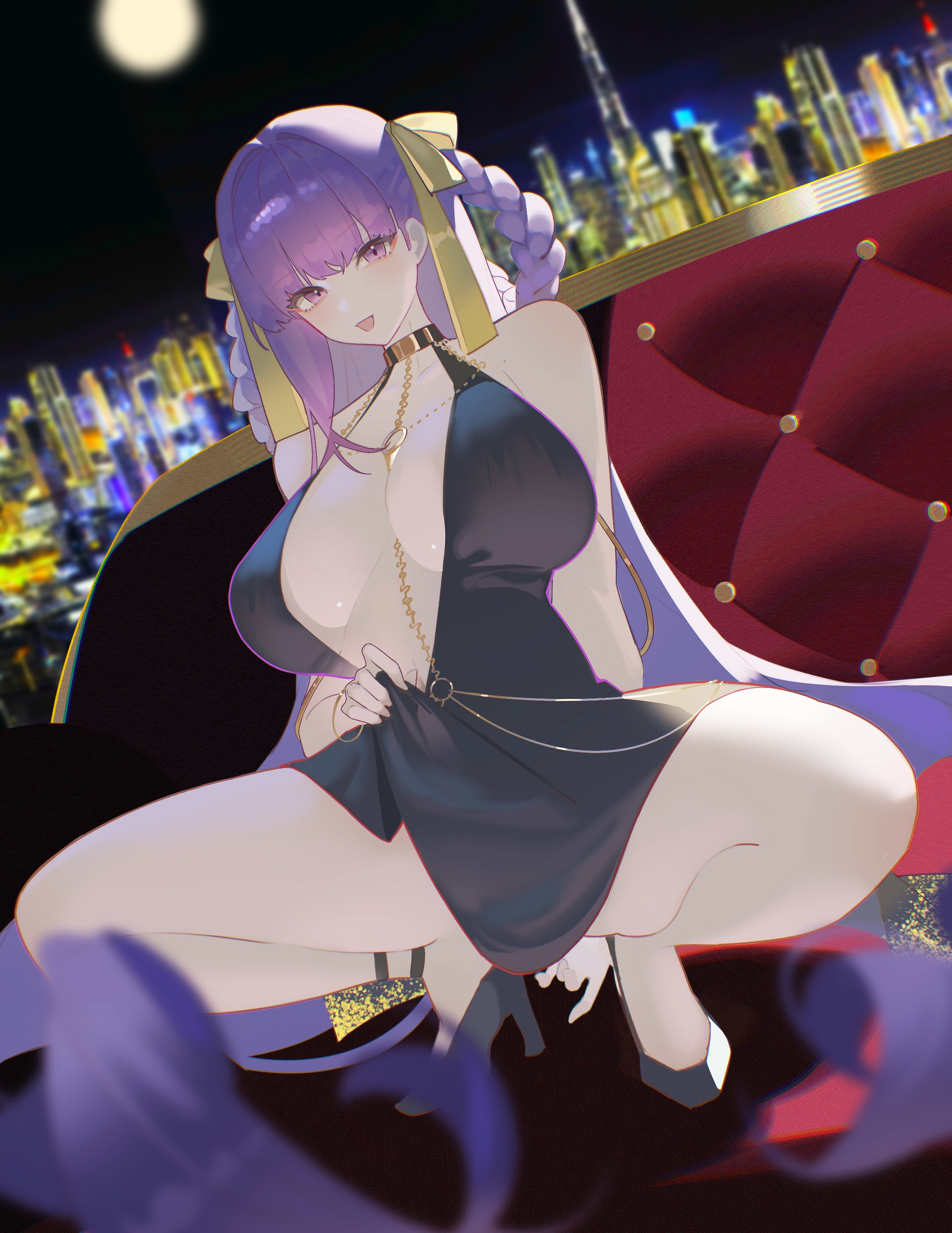 e-razor, bb (fate), bb dubai (fate), fate/grand order, fate (series), absurdres, highres, 1girl, bare shoulders, belly chain, black dress, blush, bracelet, braid, braided hair rings, breasts, cityscape, cleavage, couch, dress, full moon, hair ribbon, hair rings, high heels, jewelry, large breasts, long hair, looking at viewer, moon, necklace, night, night sky, open mouth, plunging neckline, purple eyes, purple hair, ribbon, side slit, sky, smile, solo, spread legs, squatting, twin braids, very long hair, yellow ribbon