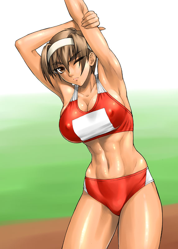 bang-you, kashiwagi azusa, kizuato, 1girl, abs, armpits, arms up, bra, breasts, brown eyes, brown hair, buruma, covered erect nipples, cowboy shot, female focus, hairband, huge breasts, lingerie, midriff, muscular, navel, one eye closed, shiny skin, short hair, solo, sports bra, stretching, tan, tanline, tomboy, toned, toned female, track and field, two-tone sports bra, underwear, wink