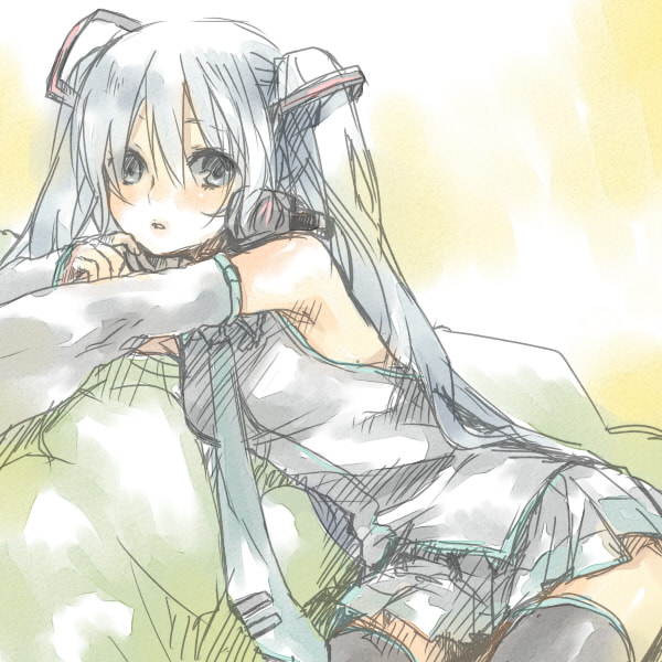 ameiro, hatsune miku, vocaloid, bad id, bad pixiv id, 1girl, aqua hair, female focus, headphones, sketch, skirt, solo, thighhighs