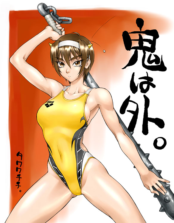 bang-you, 1girl, arm up, breasts, brown eyes, brown hair, chain, club (weapon), female focus, hairband, highleg, highleg one-piece swimsuit, holding, horns, huge weapon, large breasts, looking at viewer, one-piece swimsuit, parody, sideboob, solo, spikes, swimsuit, weapon