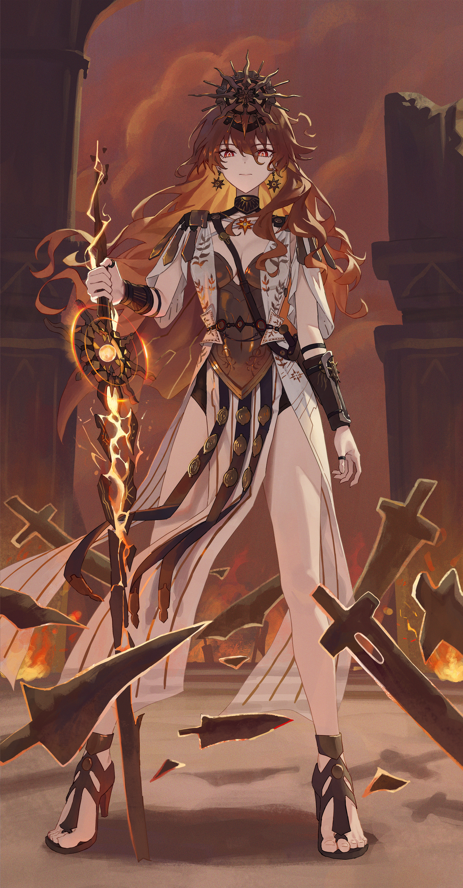 llami 0, augusta (wuthering waves), wuthering waves, absurdres, commentary, highres, 1girl, ancient greek clothes, arm armor, armor, bare legs, black collar, breastplate, breasts, cleavage, collar, colored inner hair, dress, earrings, fire, full body, greco-roman clothes, hair between eyes, headgear, holding, holding sword, holding weapon, jewelry, legs, long hair, looking at viewer, medium breasts, multicolored hair, orange hair, red eyes, sandals, solo, standing, sun earrings, sun necklace, sword, toes, weapon, white dress