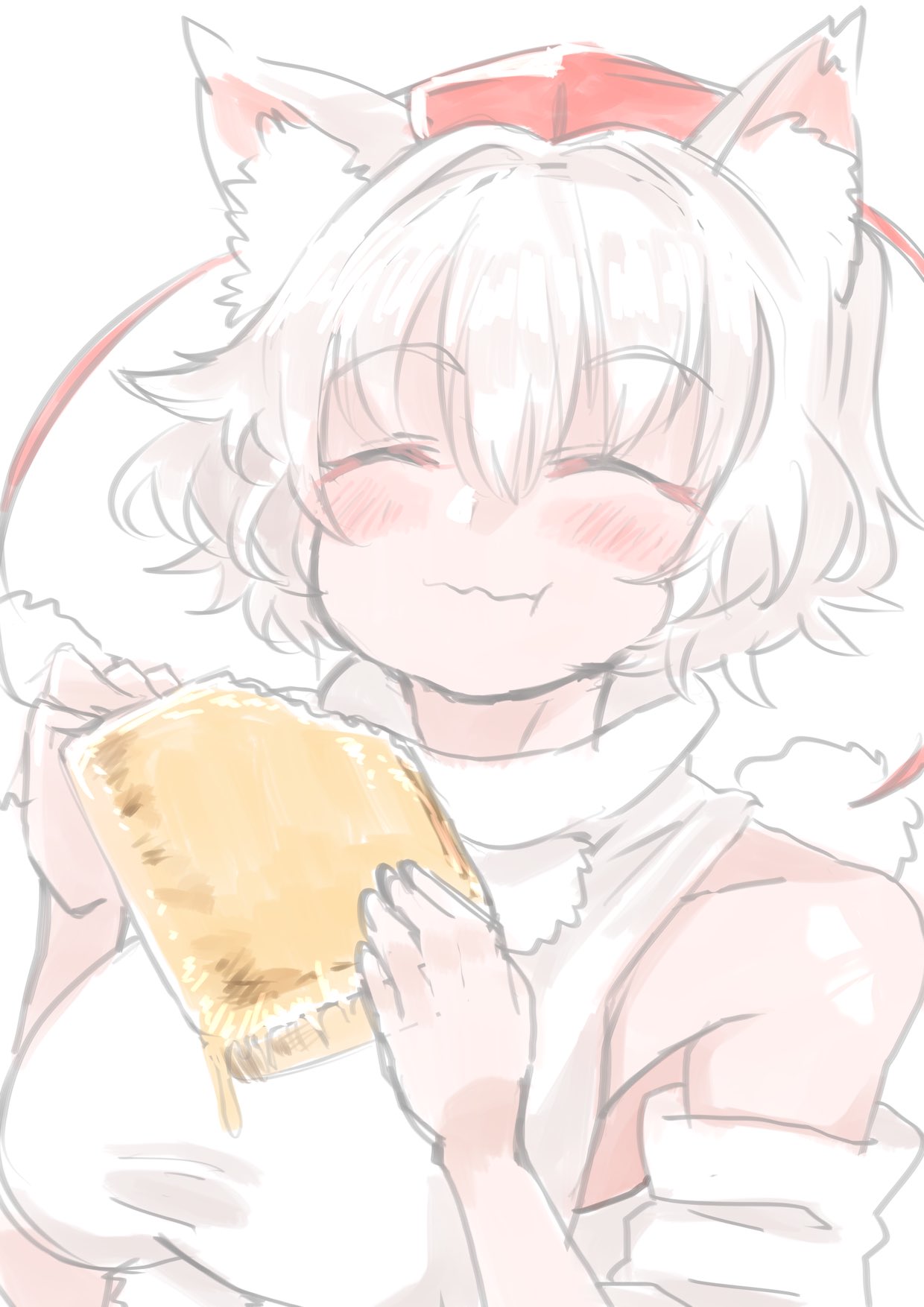 yoyoiro (sysi20), inubashiri momiji, touhou, commentary request, highres, 1girl, ^ ^, animal ear fluff, animal ears, blush, bread, bread slice, breasts, cheese, cheese trail, closed eyes, detached sleeves, eating, food, hair between eyes, hat, large breasts, messy hair, pom pom (clothes), puffy cheeks, red hat, shirt, short hair, simple background, smile, solo, toast, tokin hat, upper body, white background, white hair, white shirt, wolf ears, wolf girl