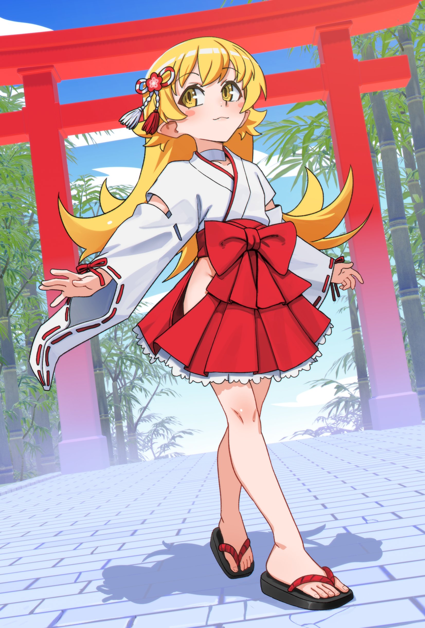 ricman rt, oshino shinobu, monogatari (series), absurdres, highres, arms at sides, bamboo, bamboo forest, bare hips, bare legs, blonde hair, blue sky, blush stickers, bow, brick floor, choker, closed mouth, clothing cutout, cloud, collarbone, crotch, dutch angle, flat chest, flipped hair, forest, full body, hair flaps, hair ornament, hakama, hakama short skirt, hakama skirt, hip vent, japanese clothes, kimono, knee blush, long hair, looking to the side, miko, nature, open hands, outstretched arms, petticoat, pointy ears, red hakama, ribbon-trimmed sleeves, ribbon trim, ringed eyes, running bond, sandals, shadow, skirt, sky, slit pupils, standing, stepping, swept bangs, toenails, toes, torii, very long hair, waist bow, white choker, white kimono, wide sleeves, yellow eyes, zouri