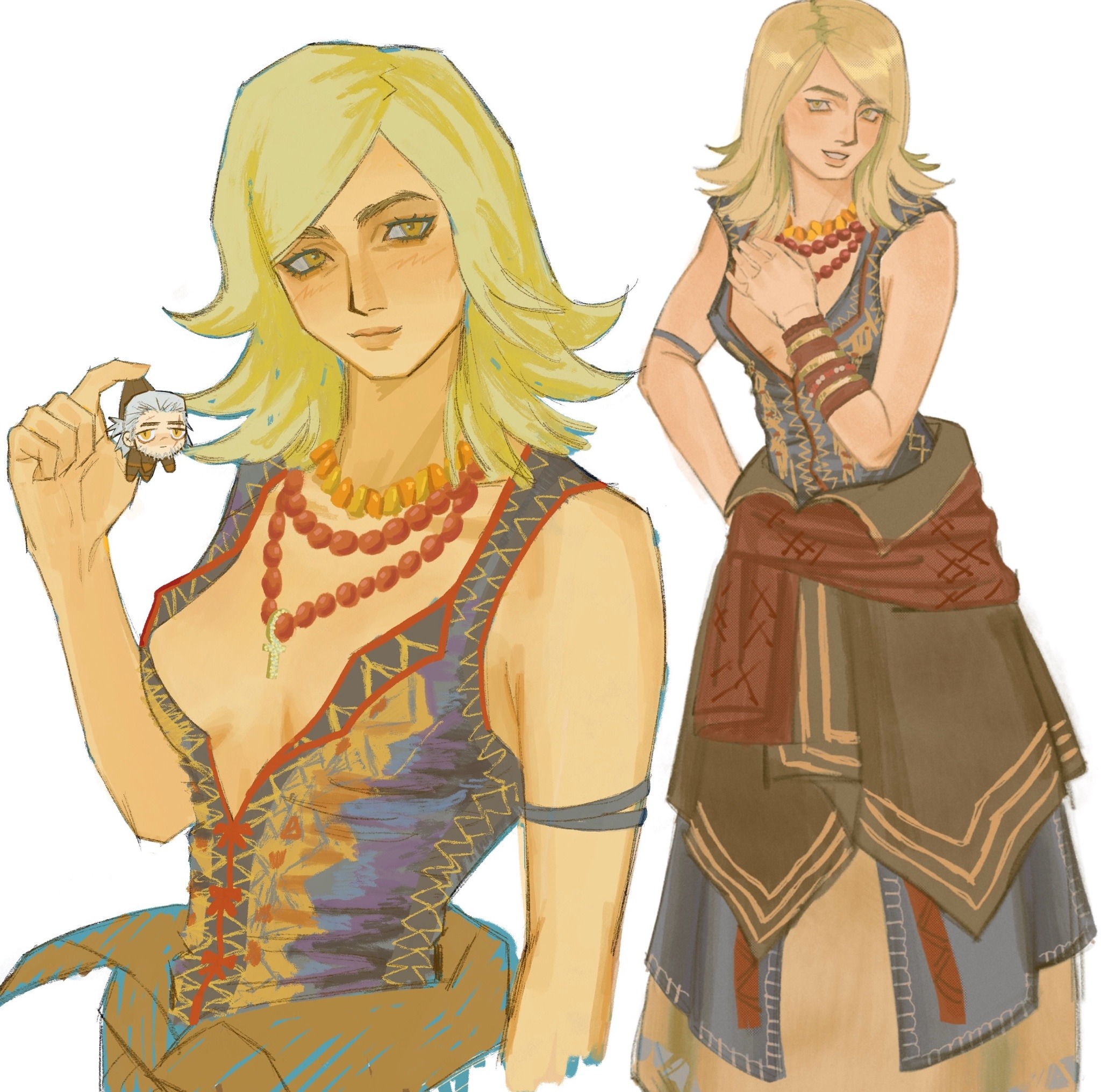 geralt of rivia, keira metz, the witcher (series), the witcher 3, highres, 1girl, blonde hair, breasts, cleavage, dress, holding, holding mini person, jewelry, junkoo000, looking at viewer, medium breasts, mini person, multiple views, necklace, simple background, white background, yellow eyes