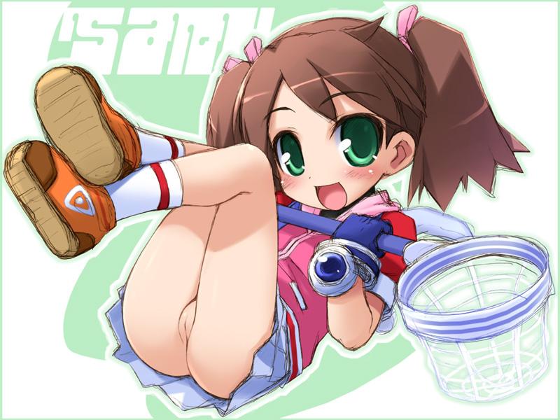 haga yui, sayaka (saru getchu), saru getchu, 1girl, :d, ass, blush, brown hair, cleft of venus, female focus, green eyes, happy, legs up, loli, miniskirt, net, no panties, open mouth, pussy, short hair, skirt, smile, solo, twintails, uncensored, upskirt