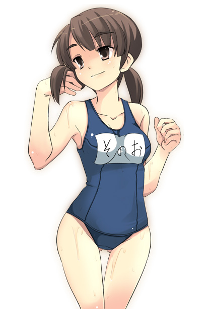 yuuji overall, mori sonou, suzumiya haruhi no yuuutsu, 00s, 1girl, female focus, name tag, one-piece swimsuit, school swimsuit, solo, swimsuit