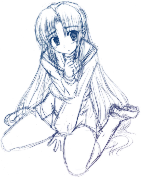 nagami yuu, asakura ryoko, suzumiya haruhi no yuuutsu, 00s, 1girl, blue theme, female focus, monochrome, sketch, solo